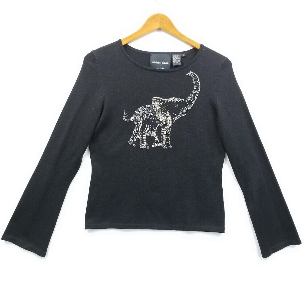 Vintage Michael Simon Sweater Women M Black Beaded Elephant Silk Cotton Pullover